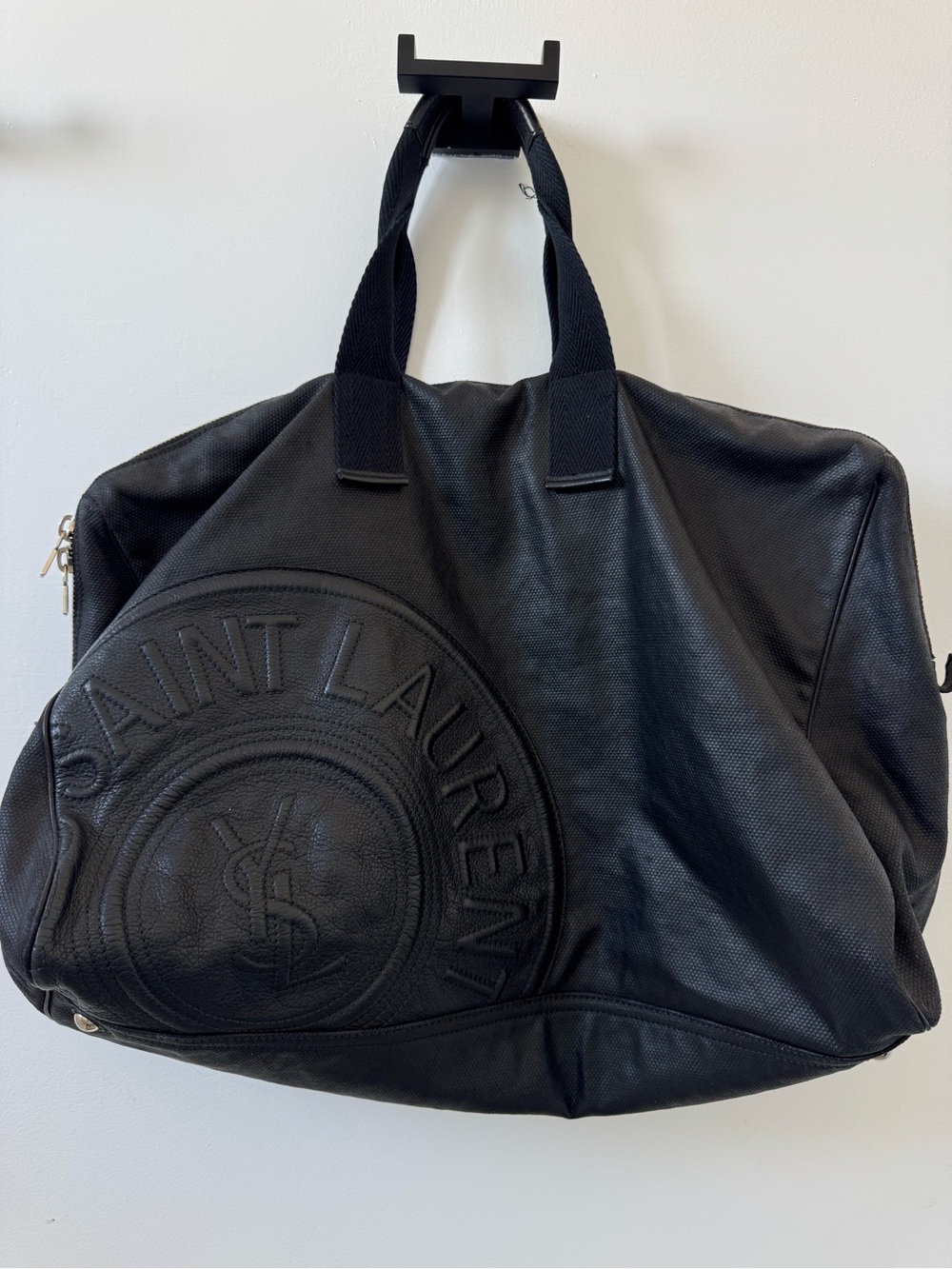 Saint Laurent Black Embossed Duffel with leather logo on one side